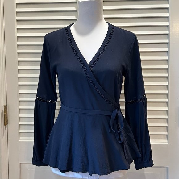 Ann Taylor Loft Navy Wrap Blouse - Picture 2 of 10